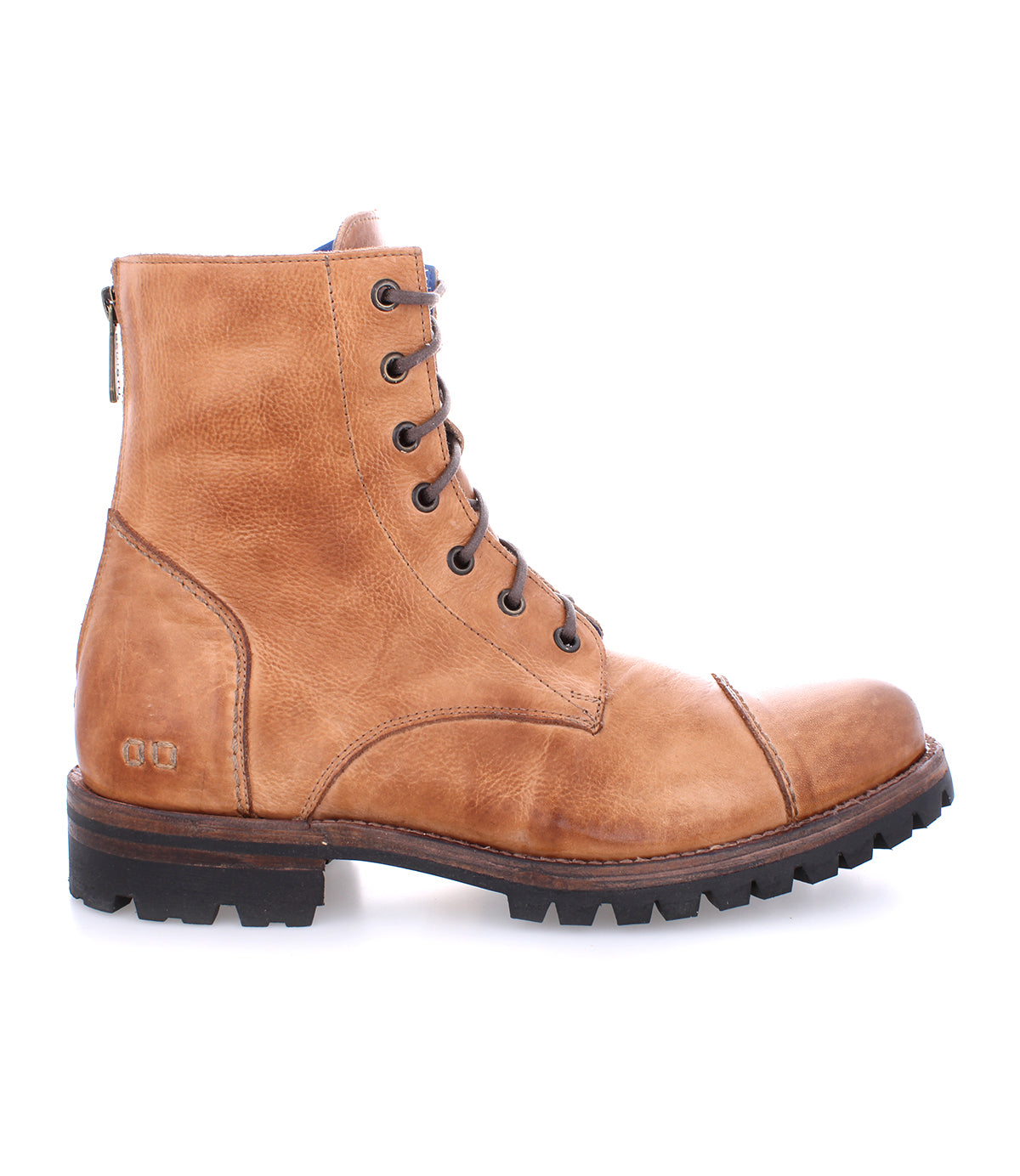 A single brown leather Protege Trek combat style boot with laces on a white background by Bed Stu.