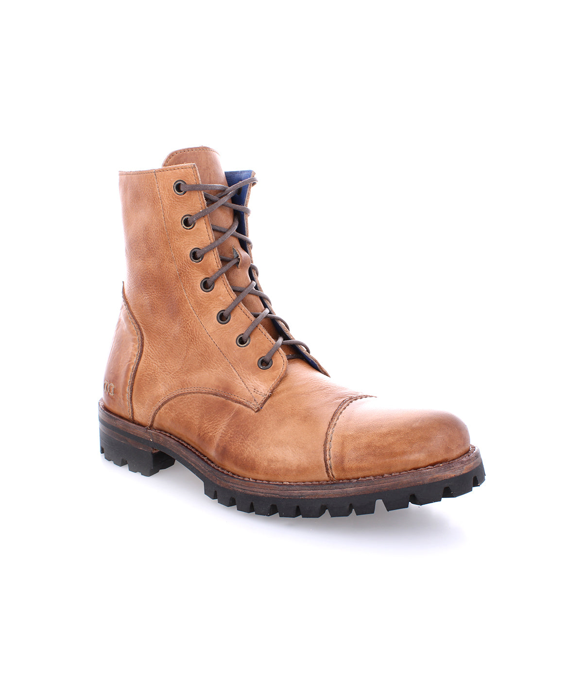A single brown leather lace-up combat style boot with a rugged sole, isolated on a white background. This is the Bed Stu Protege Trek.