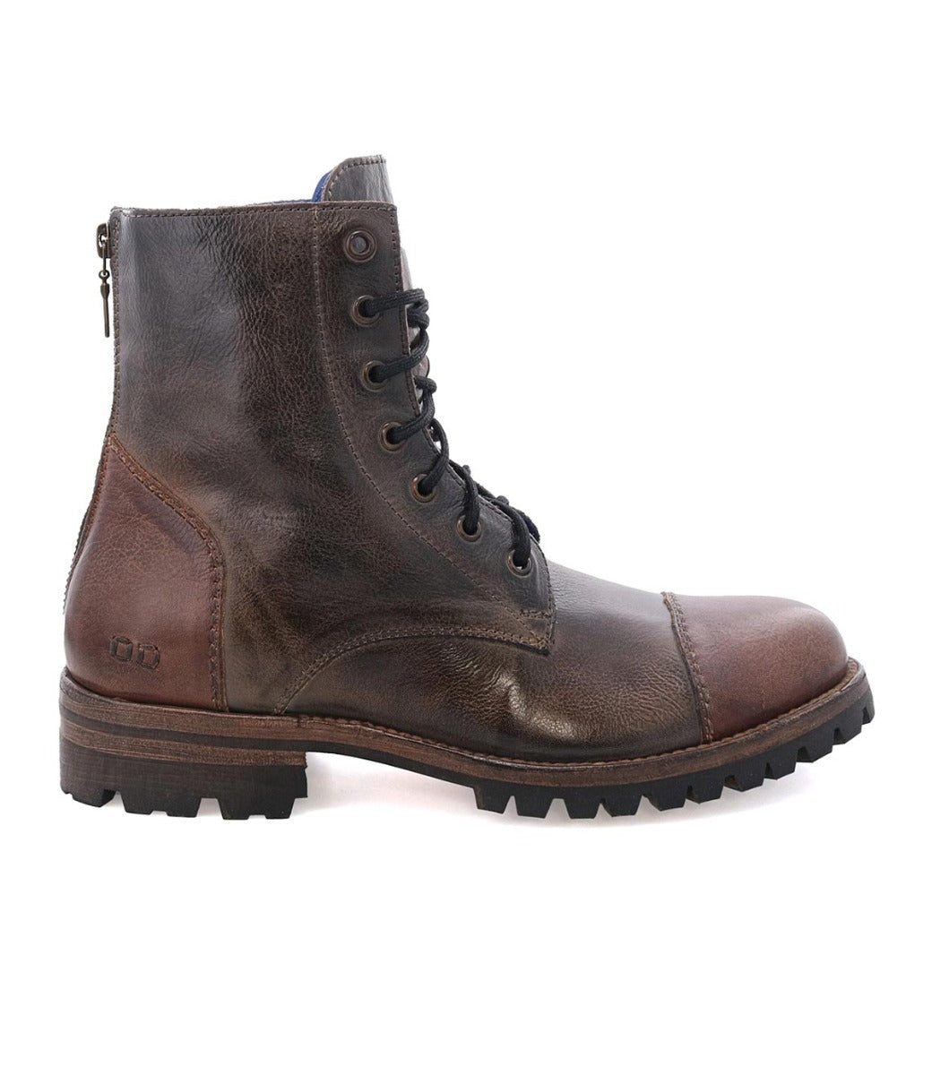 Brown leather lace-up combat style boot with a side zipper and rugged sole, isolated on a white background is the Protege Trek by Bed Stu.