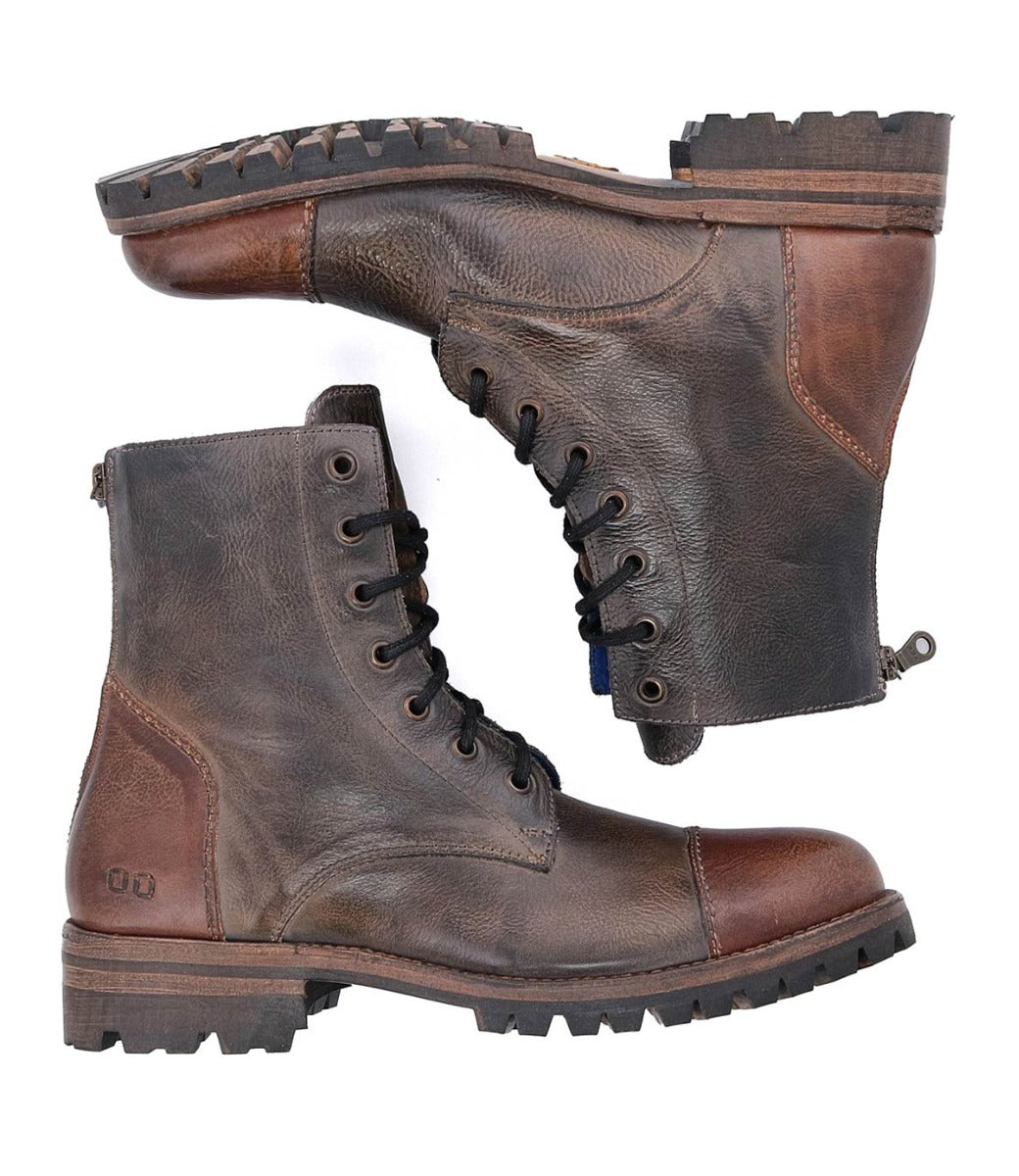 A pair of Bed Stu Protege Trek brown leather combat style lace-up boots isolated on a white background, shown from different angles.