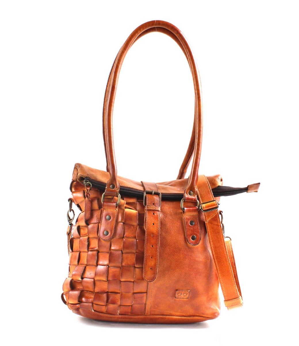 A brown leather Rachel handbag with braided straps by Bed Stu.