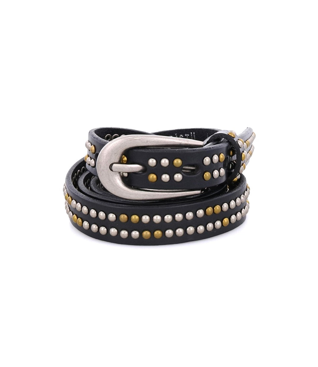 A black Rico belt with gold studding and a silver buckle from the Bed Stu brand.