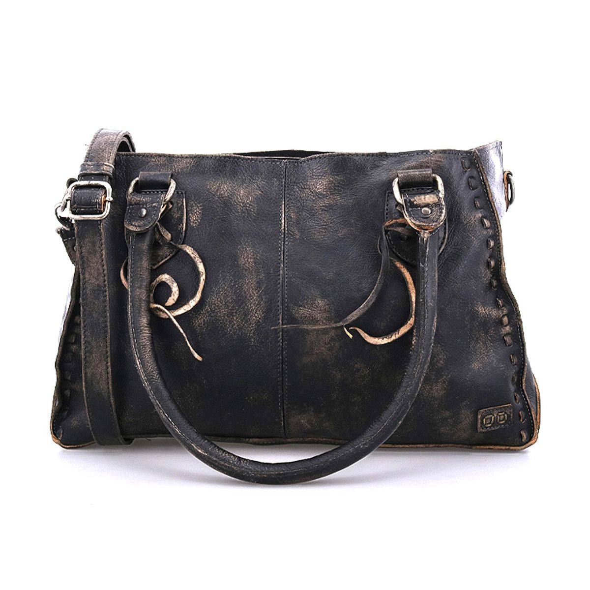 The Bed Stu Rockababy is a weathered black leather handbag with two handles and an adjustable shoulder strap, featuring decorative stitching along the edges—this everyday bag is a compact option for any occasion.