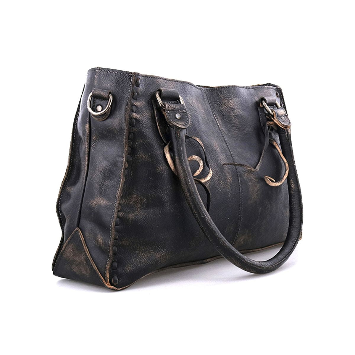 The Rockababy by Bed Stu is a large, black leather handbag with distressed detailing and two handles, perfect as an everyday bag.