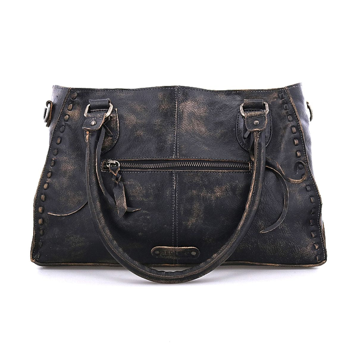 The Bed Stu Rockababy black leather handbag, ideal for daily use, exhibits some noticeable wear. It comes with a front zipper pocket, two handles, and decorative stitching along the edges.