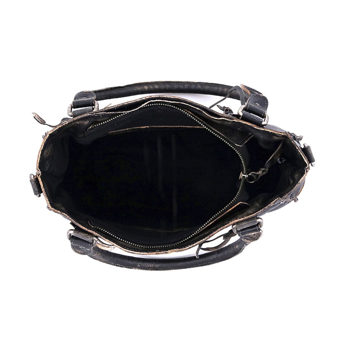 Top-down view of an open black leather Bed Stu Rockababy handbag with a large central compartment, visible zippers, and multiple interior pockets - the perfect everyday bag.
