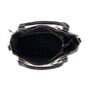 Top-down view of an open black leather Bed Stu Rockababy handbag with a large central compartment, visible zippers, and multiple interior pockets - the perfect everyday bag.
