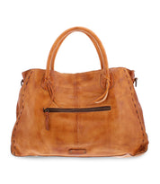 The Rockaway by Bed Stu is a large tan leather handbag featuring dual handles and a fan-favorite front zippered pocket.