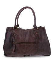 The Rockaway by Bed Stu is a best-selling dark brown leather handbag featuring two handles and a front zipper pocket, ensuring effortless organization.