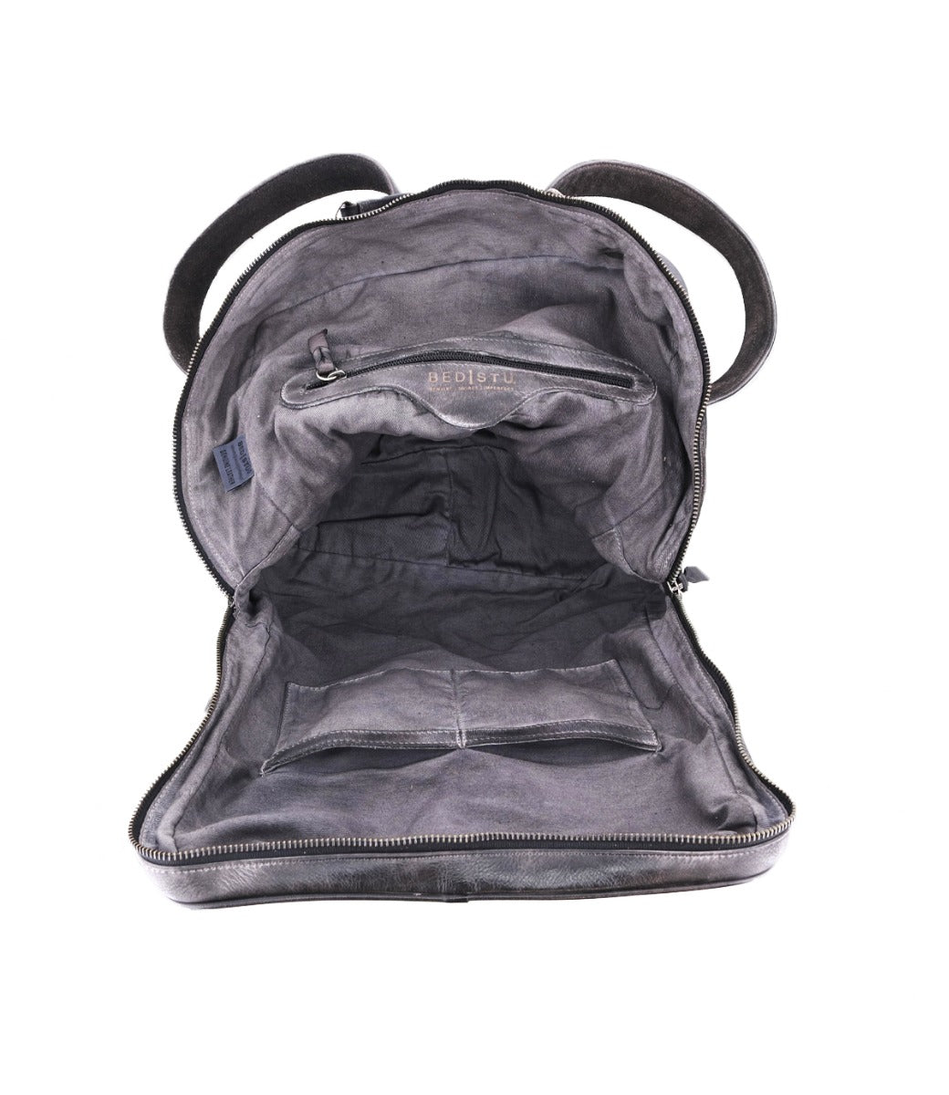 The inside of a Bed Stu grey leather Rozes bag.
