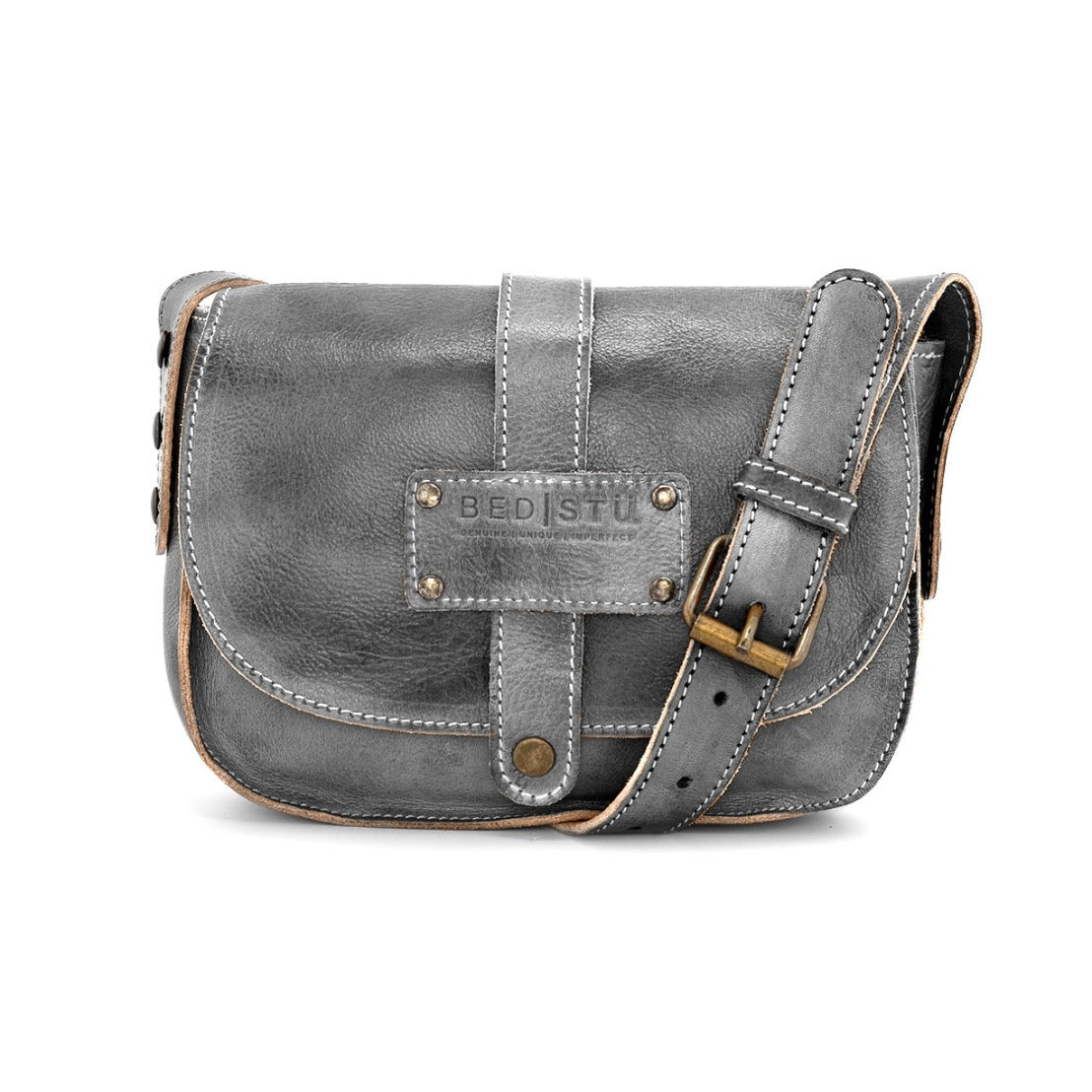 A Shoreline grey leather crossbody bag with an adjustable strap by Bed Stu.