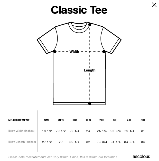 Sizing chart for an ethically sourced Bed Stu Classic Tee showing body length and width measurements for sizes ranging from small to 5xl.