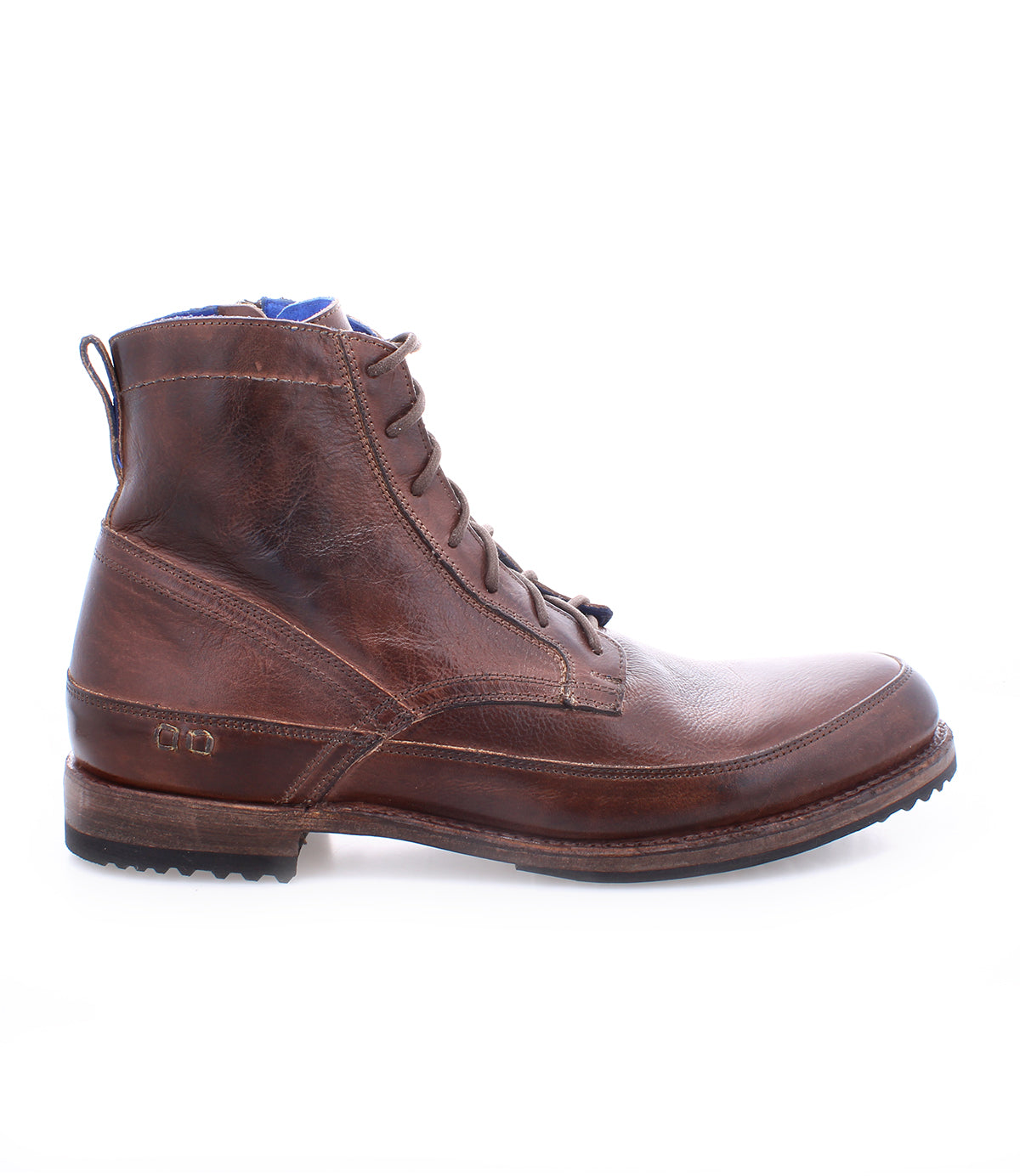 A single brown leather Bed Stu Spiker lace-up ankle boot isolated on a white background.