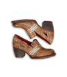 A women's Gabrianna tan leather shoe with a wooden heel by Bed Stu.
