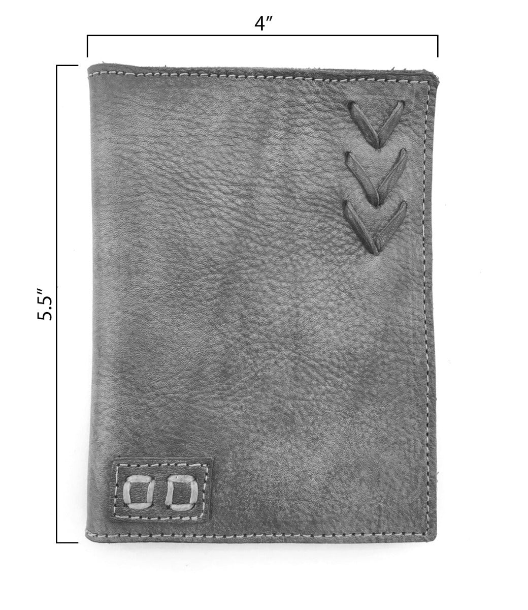 A gray leather Stardust wallet with measurements. (Brand Name: Bed Stu)