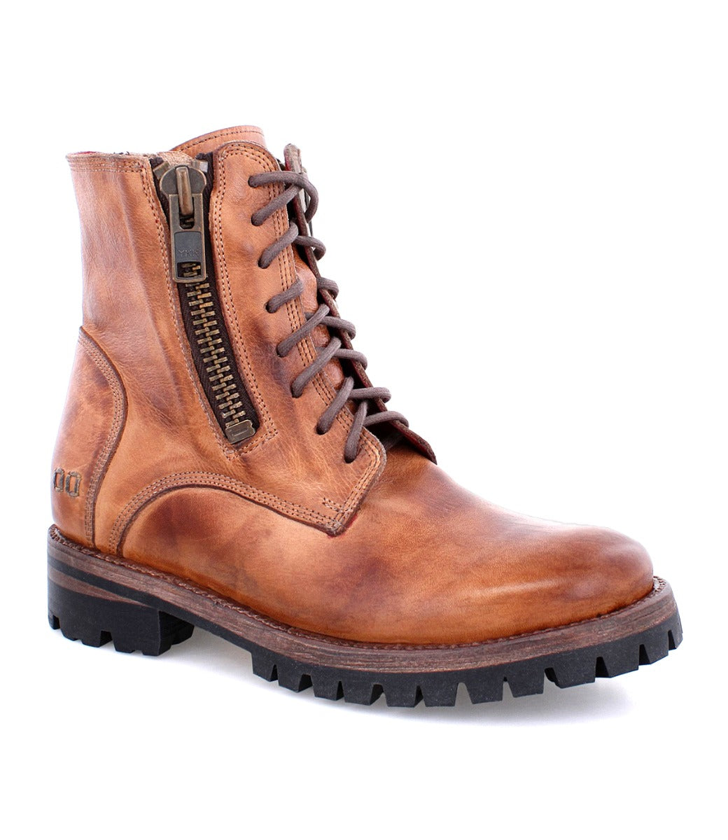 A men's brown leather Tactic Trek boot with a zipper on the side by Bed Stu.