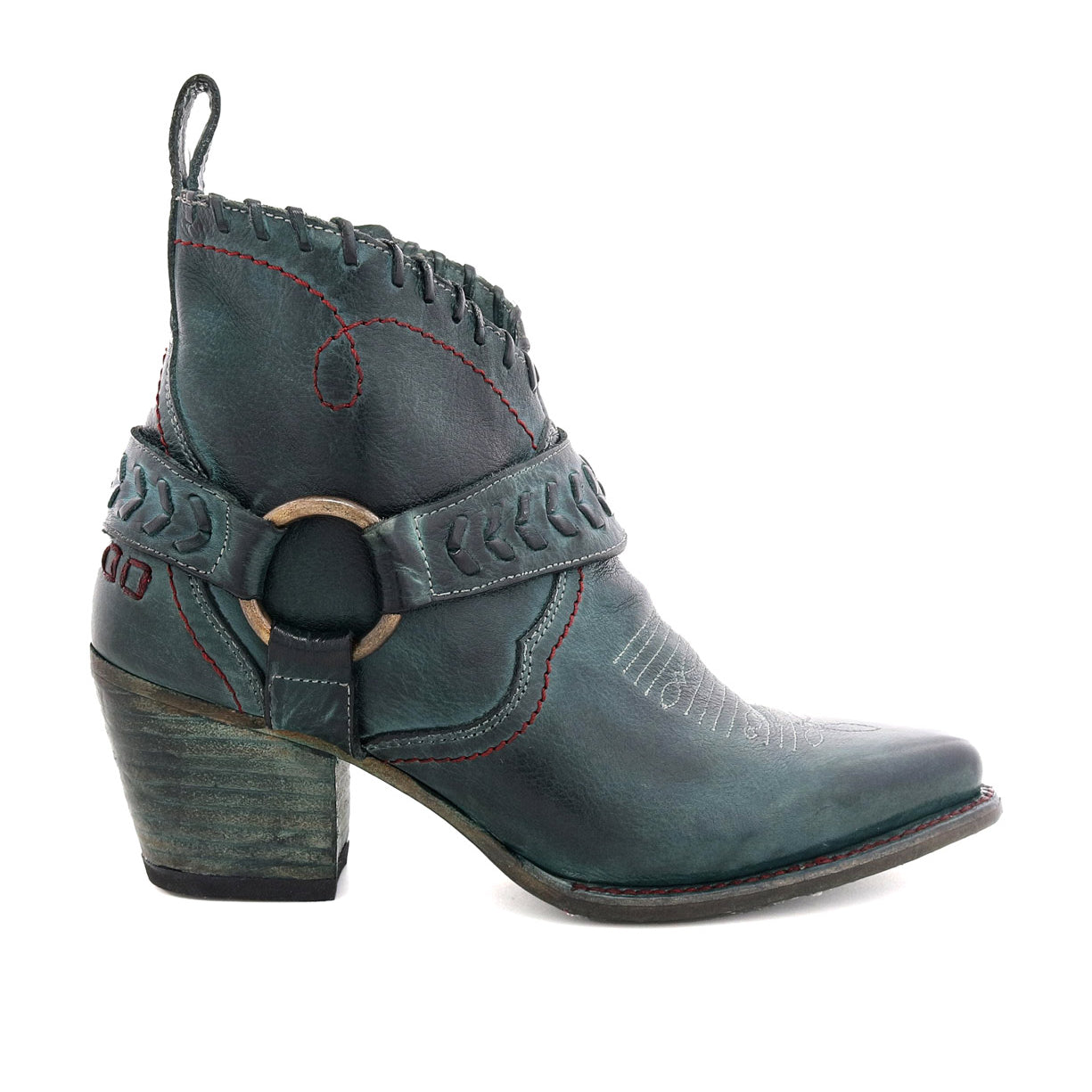 A women's green Tania cowboy boot with a buckle, by Bed Stu.
