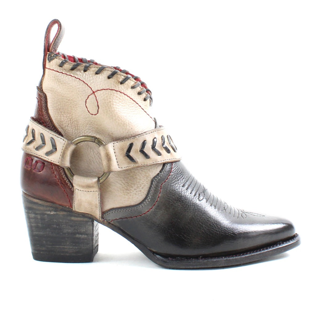 A women's Tania cowboy boot with a buckle and straps from the Bed Stu brand.