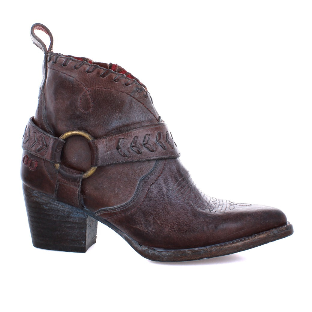 A women's brown ankle boot with a buckle, called "Tania" by Bed Stu.