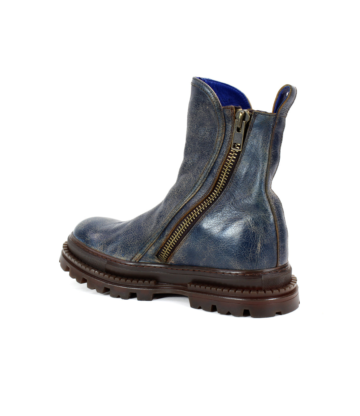 The Bed Stu Tanto men's boot features a single blue design with a brown sole, side zipper, visible stitching, and textured tread, exuding European flair against a white background.