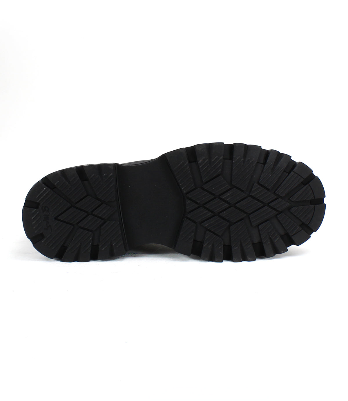 The Bed Stu Tempt features a black rubber sole with a deep, rugged hiking boot-inspired tread pattern, shown against a plain white background.