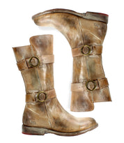 A pair of worn, light-brown Bed Stu "Turn" leather boots with buckles and straps, crafted from vegetable-tanned leather. The Goodyear welted construction ensures durability, despite the soles showing signs of wear and visible scuff marks.
