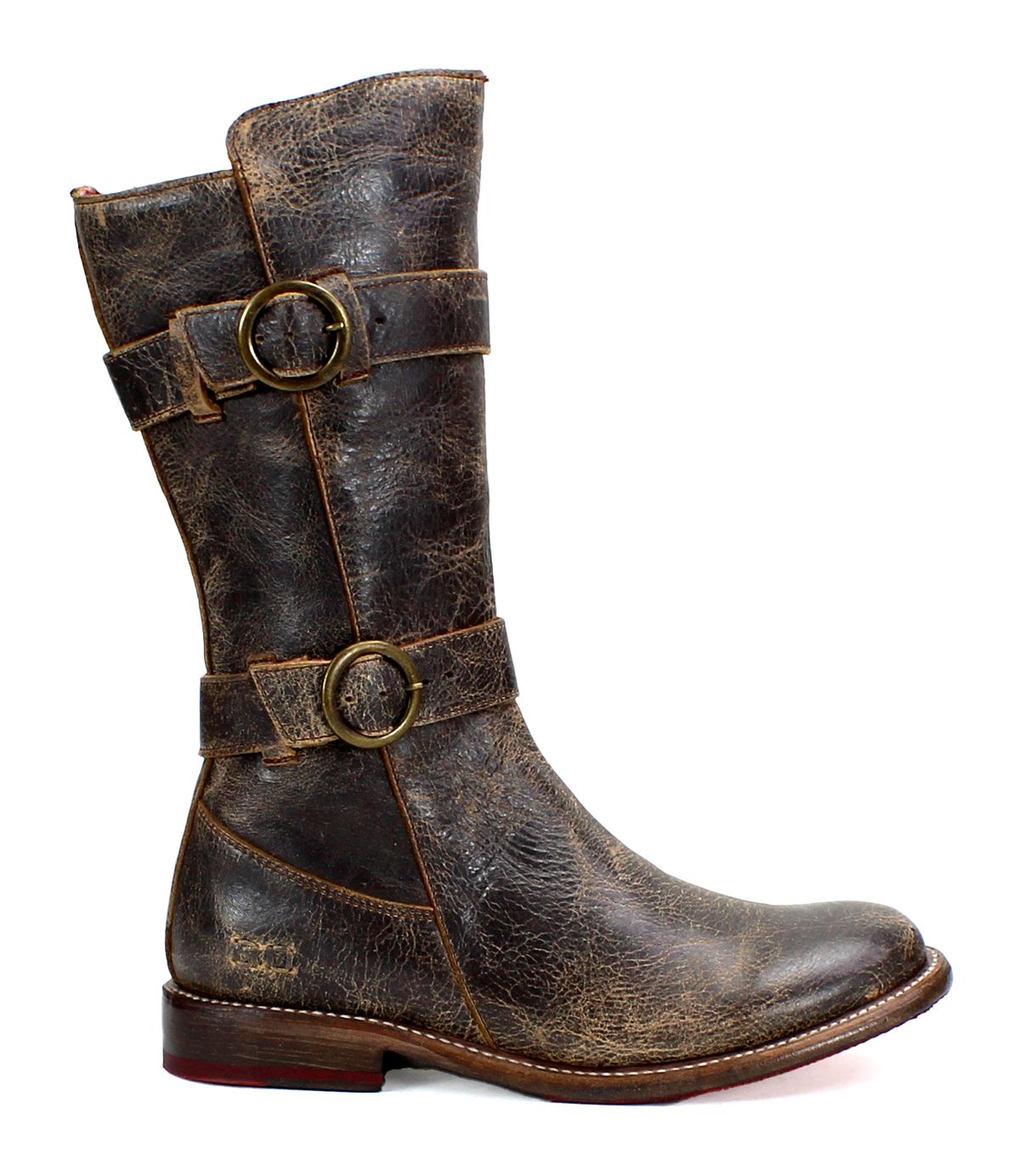 A single, weathered brown Turn short leather boot by Bed Stu, featuring Goodyear welted construction with two brass buckles and a low heel, photographed from the side against a white background.