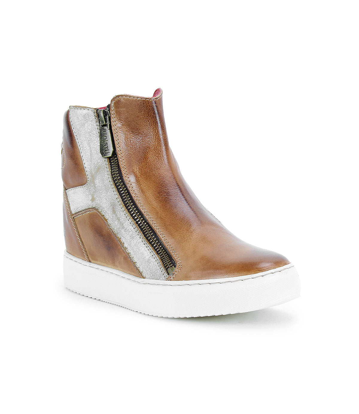 The Bed Stu Twist is a brown and silver leather high-top sneaker featuring leather panels, side zipper detail, and a white rubber sole, shown at a three-quarter angle on a plain background.