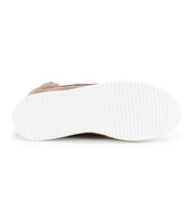The image shows the white, flat, grooved sole of the Bed Stu Twist brown high-top sneaker, viewed from the bottom.