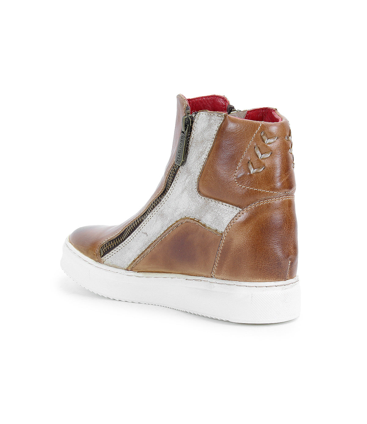 The Bed Stu Twist is a brown and silver high-top sneaker featuring leather panels, a white sole, side zipper, red inner lining, and decorative heel stitching.