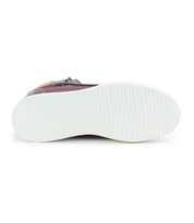 The Bed Stu Twist is a maroon high-top sneaker with subtle leather side panels and a clean white rubber sole featuring horizontal grooves for grip, shown here from the bottom.