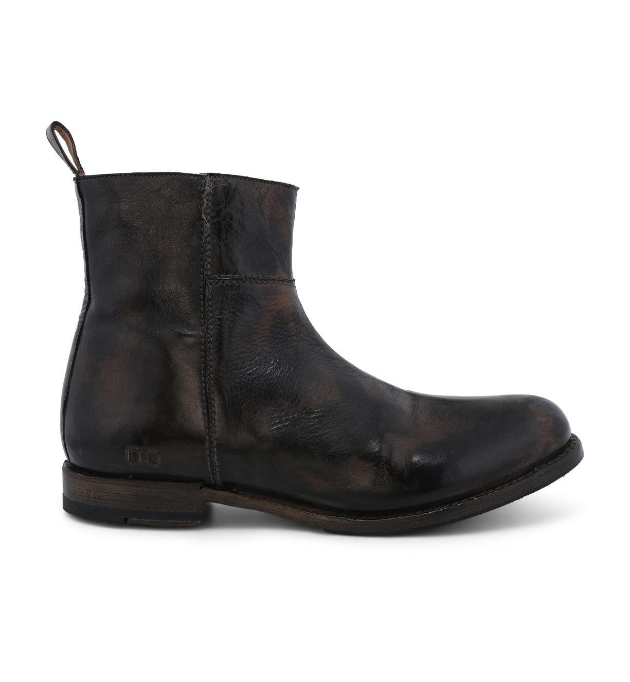 A single black leather ankle boot with a distressed finish, featuring a pull tab at the back and designed for comfort, isolated on a white background by Bed Stu's Kaldi.