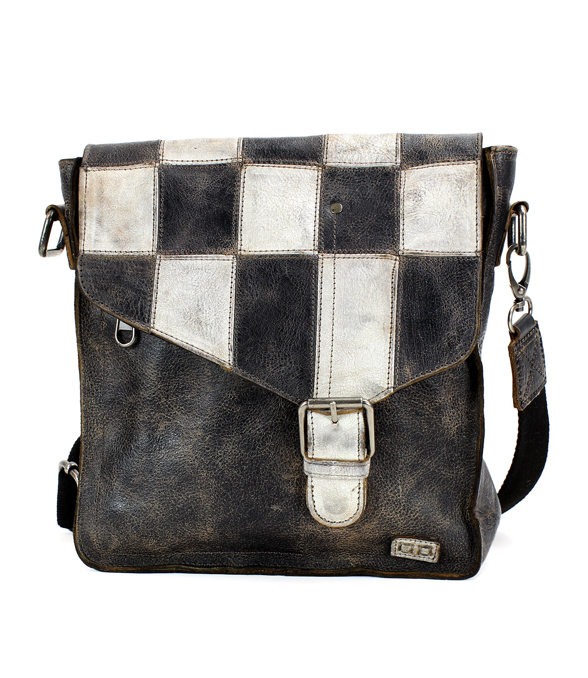 Black and white checkered leather messenger bag with a Bed Stu Venice Beach II front panel closure and adjustable shoulder strap, isolated on a white background.