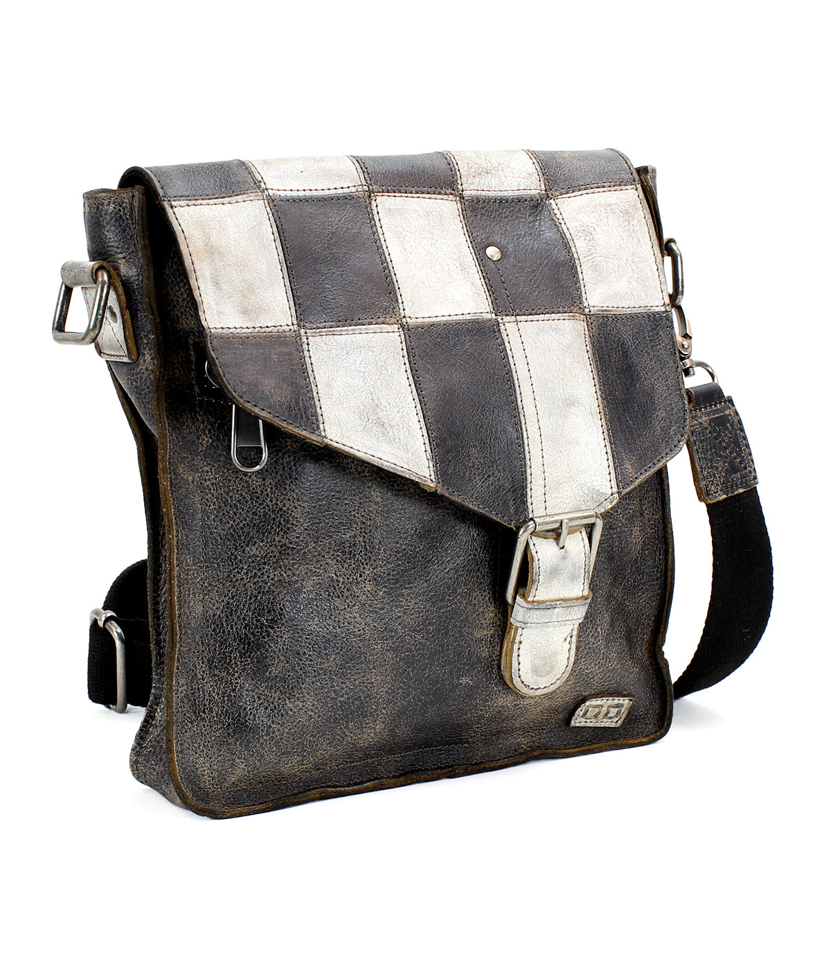 A functional Venice Beach II leather messenger bag displaying a checkered front panel in shades of black, white, and brown, set against a white background by Bed Stu.