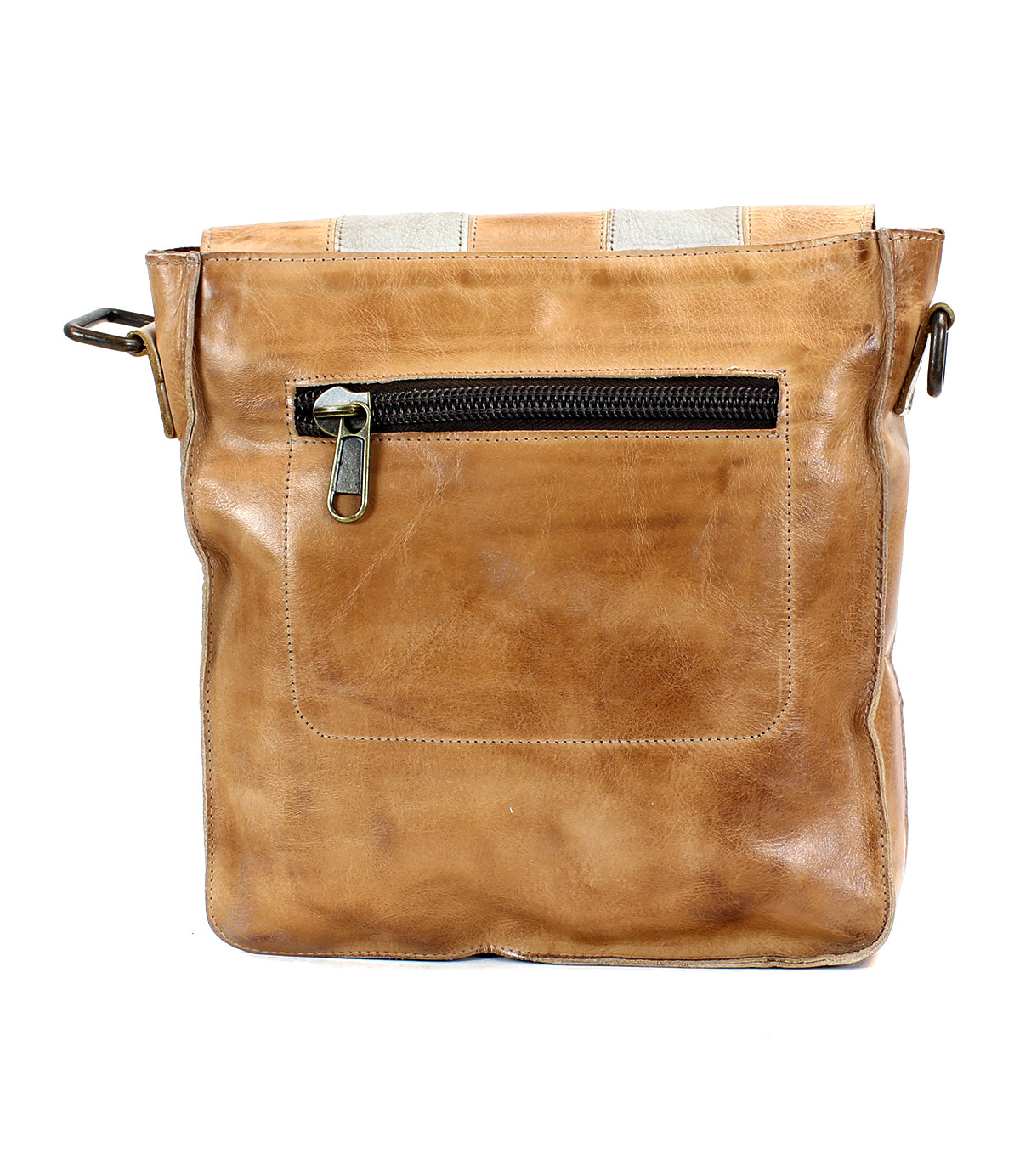 A worn, tan leather Bed Stu Venice Beach II crossbody bag with a checkered front panel, displayed against a white background.
