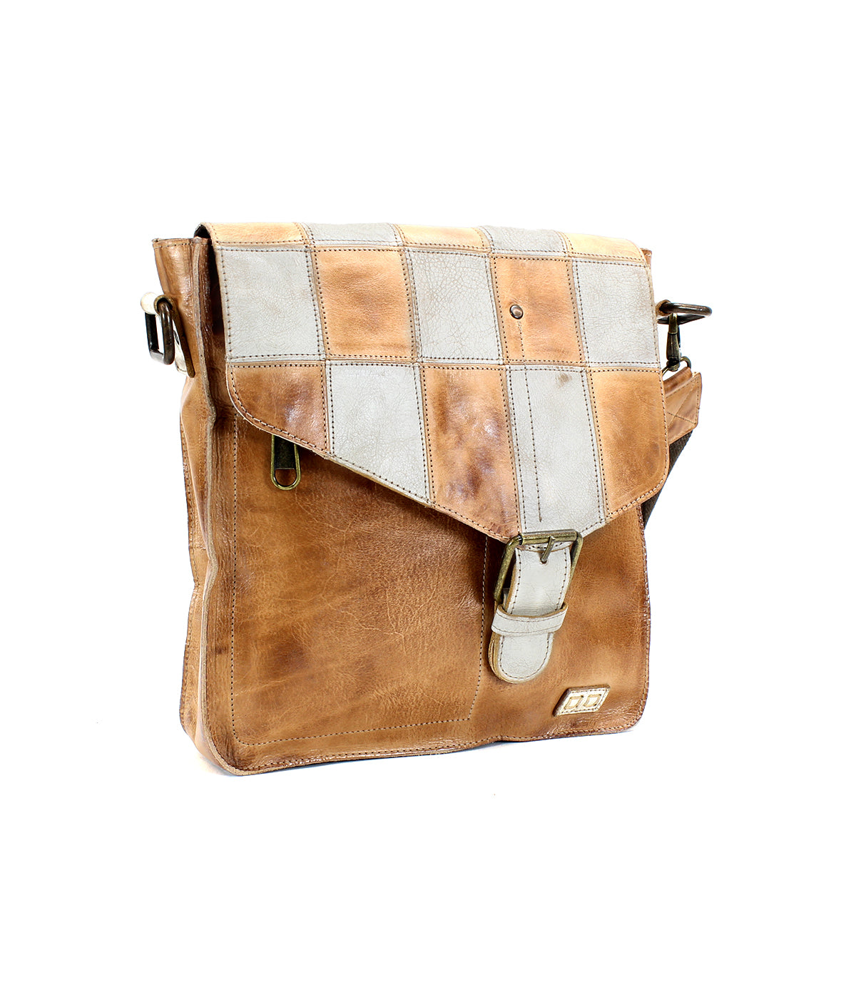 A brown and cream leather Venice Beach II messenger bag with a checkered front panel, displayed on a white background by Bed Stu.