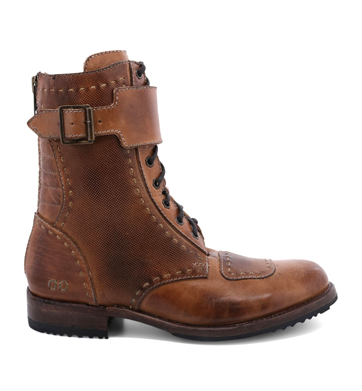 Side view of a single brown Bed Stu Walker lace-up boot with a buckled strap, isolated on a white background.