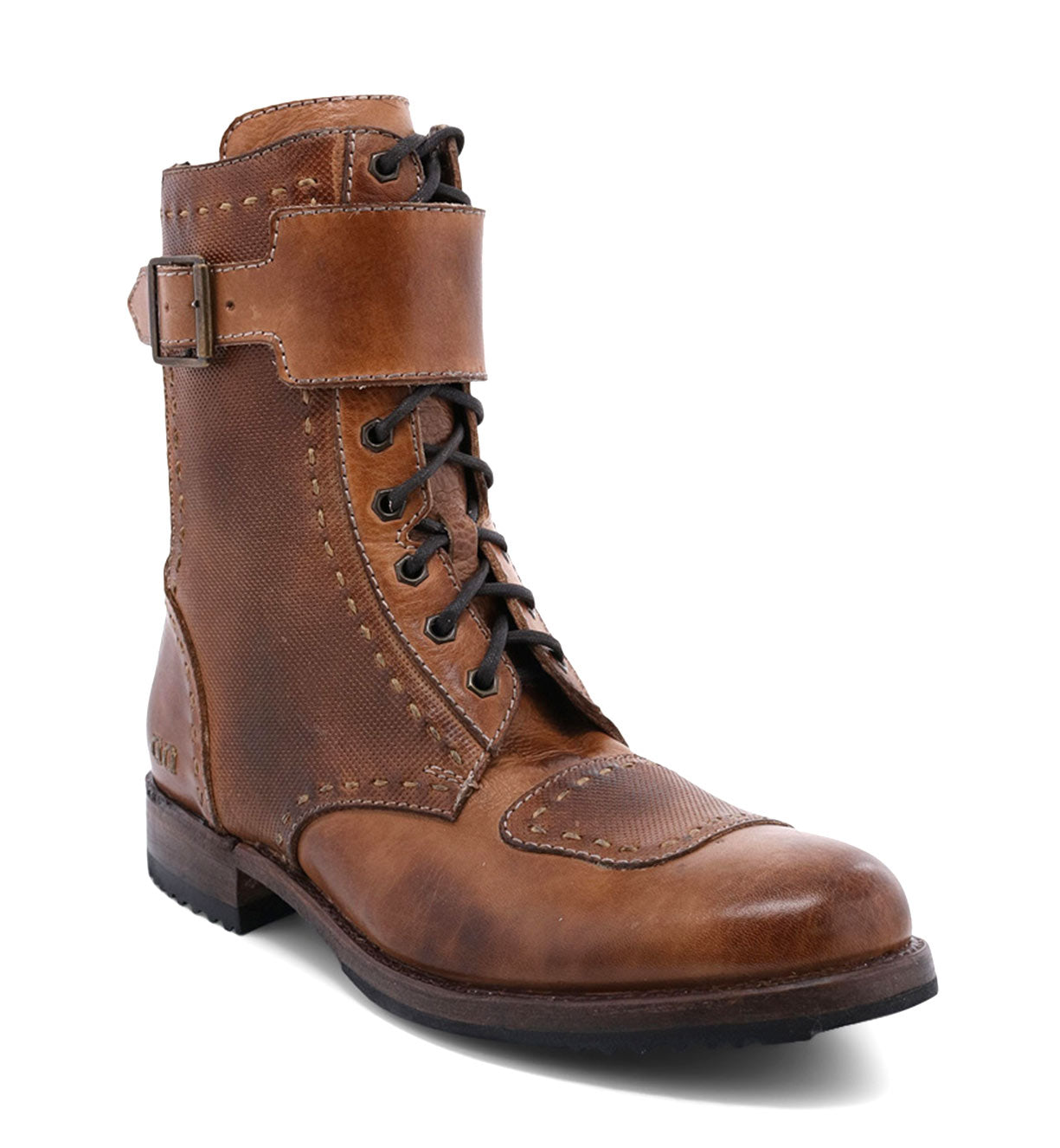 A brown, vegetable tanned leather Walker boot by Bed Stu with a buckle strap at the top, isolated on a white background.