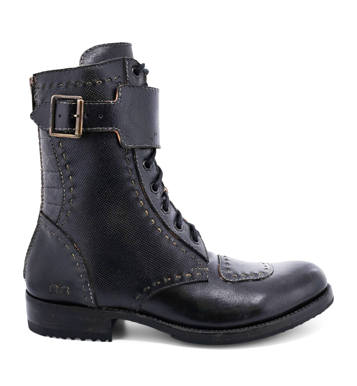 Black leather moto-inspired Walker boot with a buckle, lace-up front, and detailed stitching, isolated on a white background by Bed Stu.