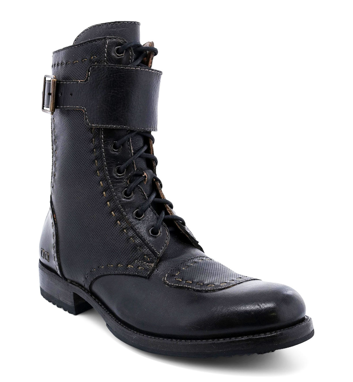 Black Bed Stu Walker vegetable tanned leather combat boot with laces and a buckle at the top, isolated on a white background.