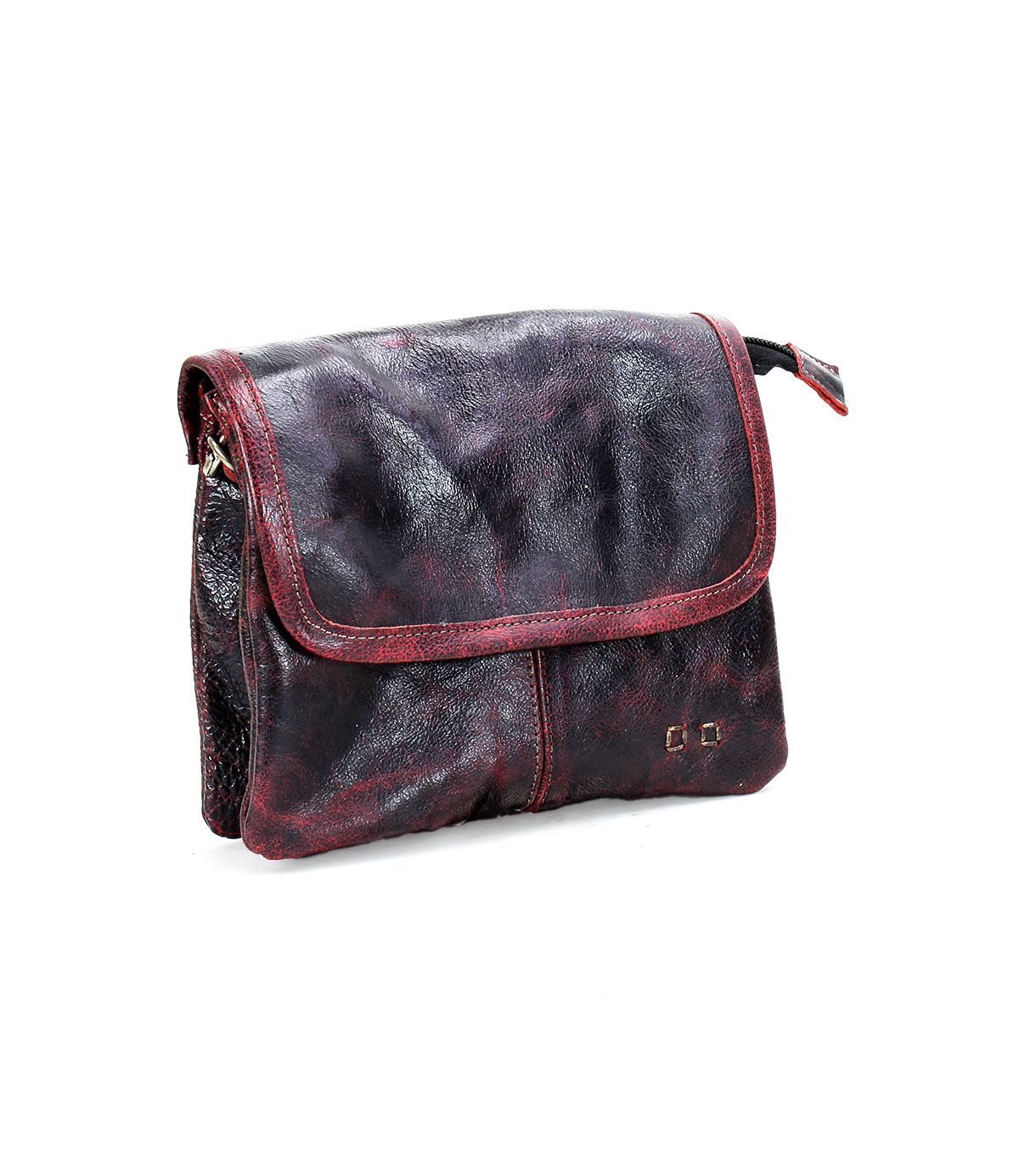 The Bed Stu Ziggy is a dark maroon leather crossbody bag featuring a flap closure and a textured surface, perfect for hands-free convenience.