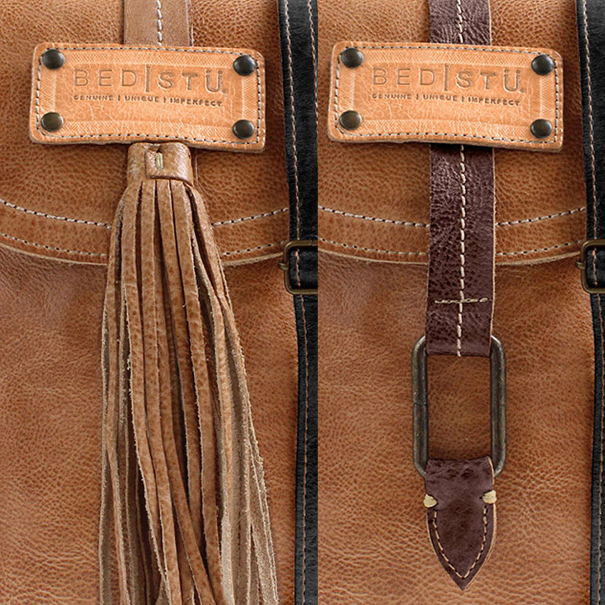 Close-up view of the tan leather "Studio Tassel Strap" bag from Bed Stu, showcasing creativity with its two types of closures: a leather tassel on the left and a brown leather strap with a metal buckle on the right. Personalize your bag for a unique touch.