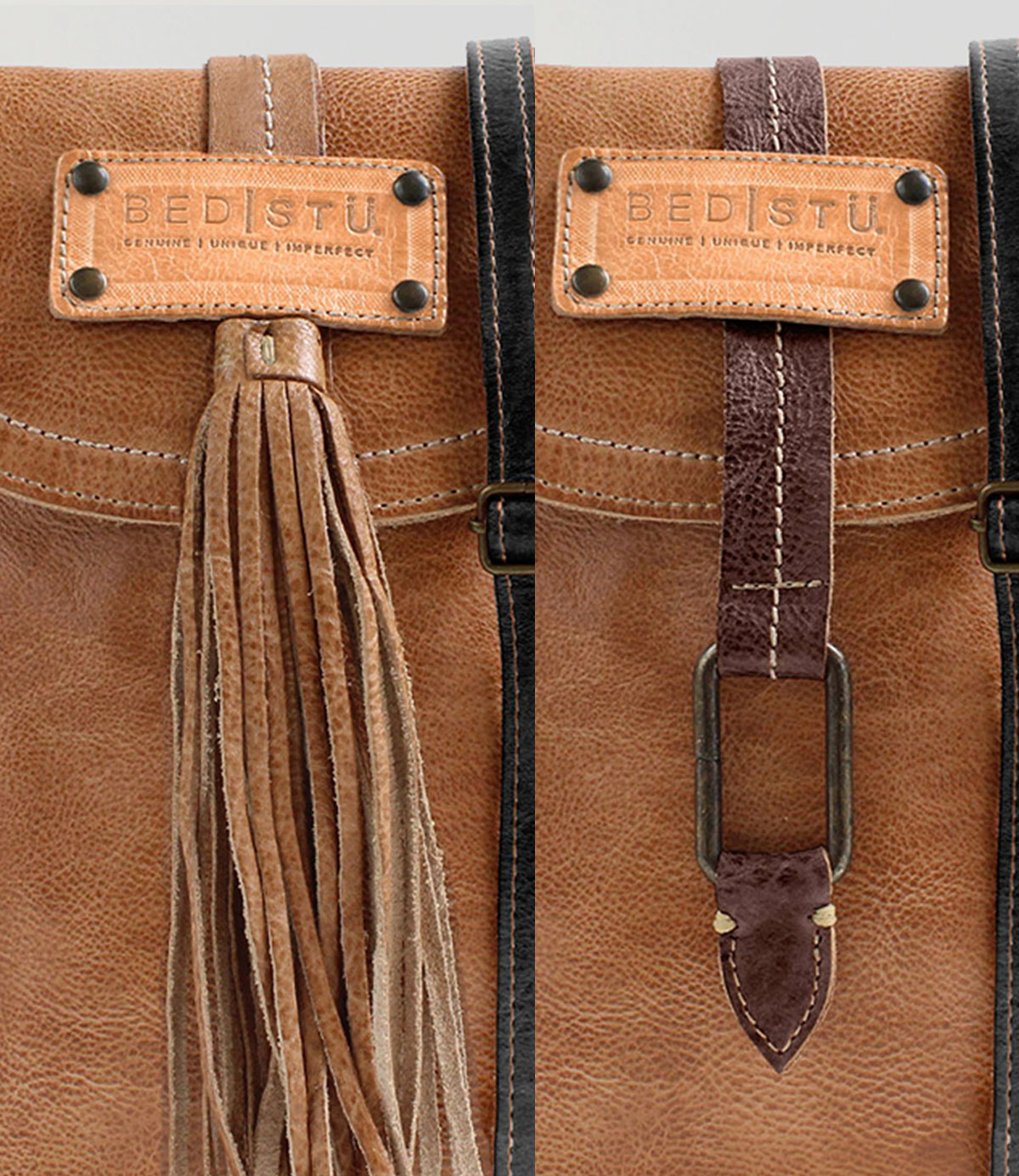 Close-up view of the tan leather "Studio Tassel Strap" bag from Bed Stu, showcasing creativity with its two types of closures: a leather tassel on the left and a brown leather strap with a metal buckle on the right. Personalize your bag for a unique touch.