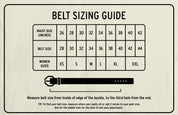 Bed Stu’s Dreamweaver belt sizing guide features waist, belt, and women’s sizes XS–XXL, a boho vintage style with a statement metal buckle, plus a diagram with measurement instructions.