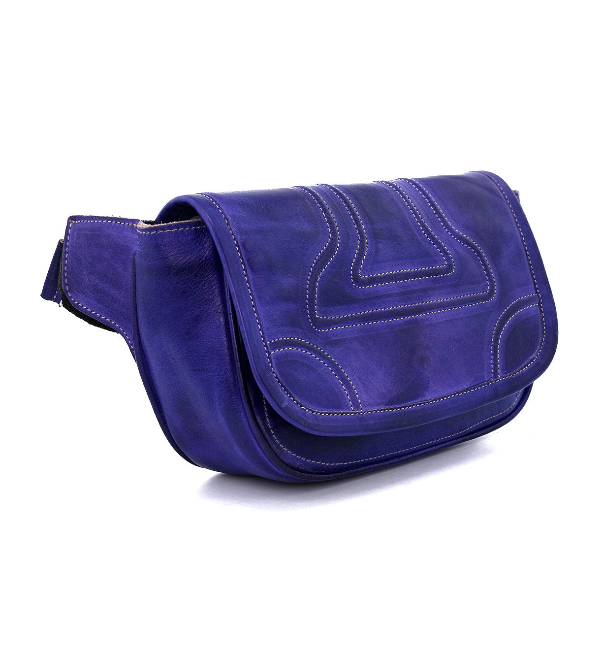 A Travers by Bed Stu purple leather belt bag on a white background.