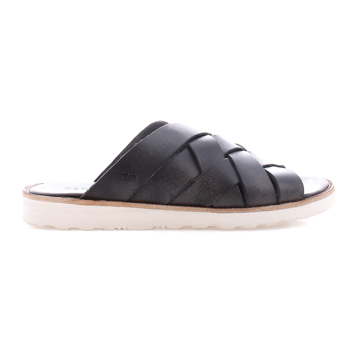 The Abraham Light by Bed Stu is a men's black leather sandal with a woven upper design and sleek white rubber sole, viewed from the side.