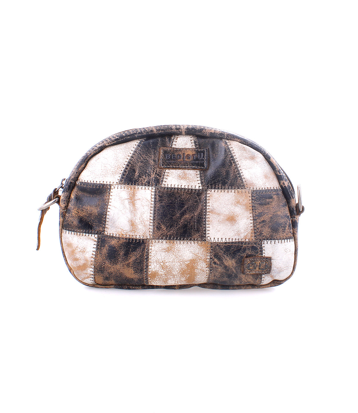 A worn-out, checkered patterned Bed Stu Abundance sling bag with a visible brand label, isolated on a white background.