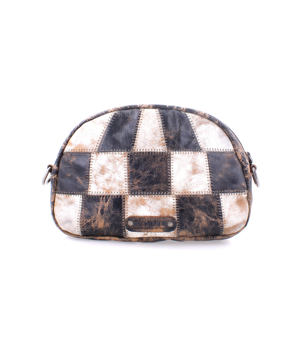 A Bed Stu Abundance patchwork leather cosmetic bag with a zipper, featuring a checkered pattern of black and tan squares, isolated on a white background.