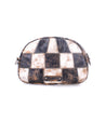 A Bed Stu Abundance patchwork leather cosmetic bag with a zipper, featuring a checkered pattern of black and tan squares, isolated on a white background.