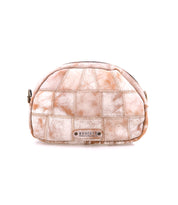 The Bed Stu Abundance is a small tan and white marbled leather pouch with visible stitching, a curved top, and a front metal logo plate—ideal as a hands-free sling bag for effortless style.